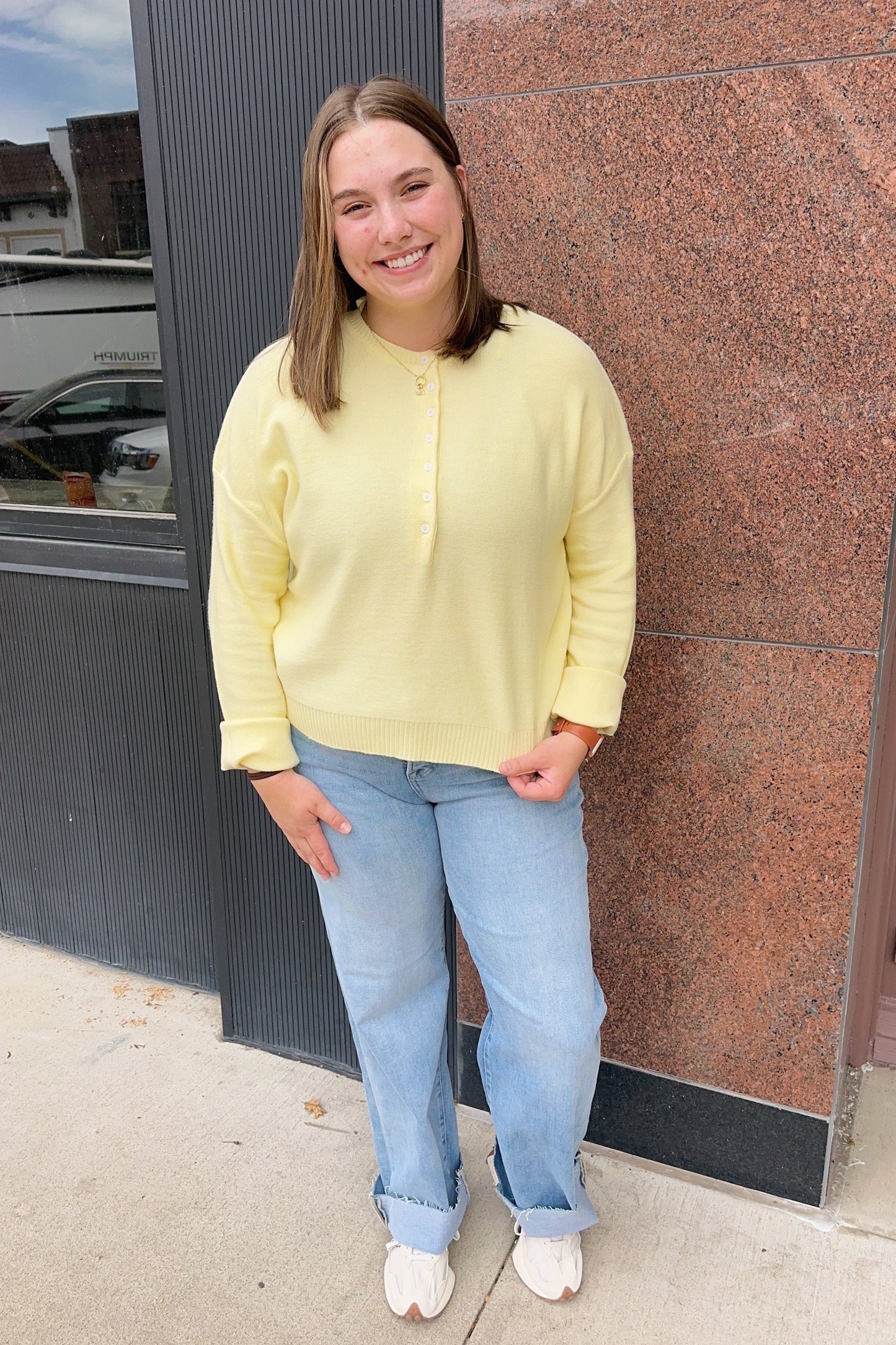 Henley Button Up Sweater - Lemon