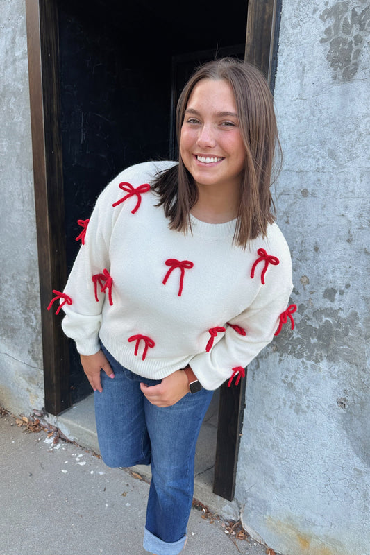 Bow Detail Sweater - Red/White