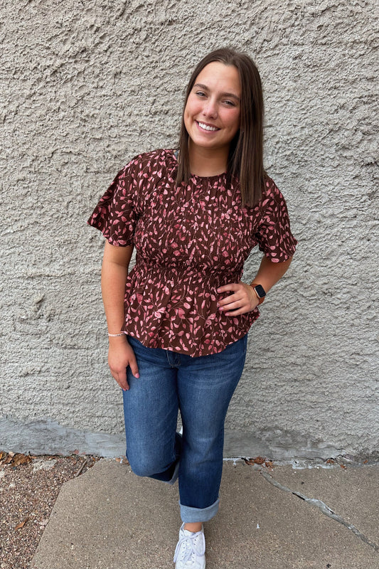 Fall Leaves Smocked Blouse - Espresso