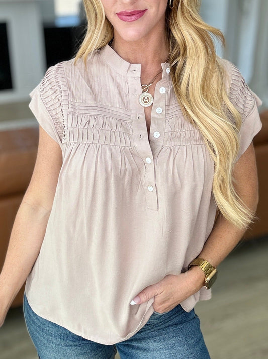 Pleat Detail Button Up Blouse in Taupe (Online Exclusive)