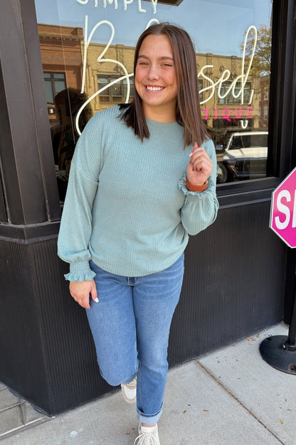 Chic Ruffle Ribbed Knit Top - Seafoam