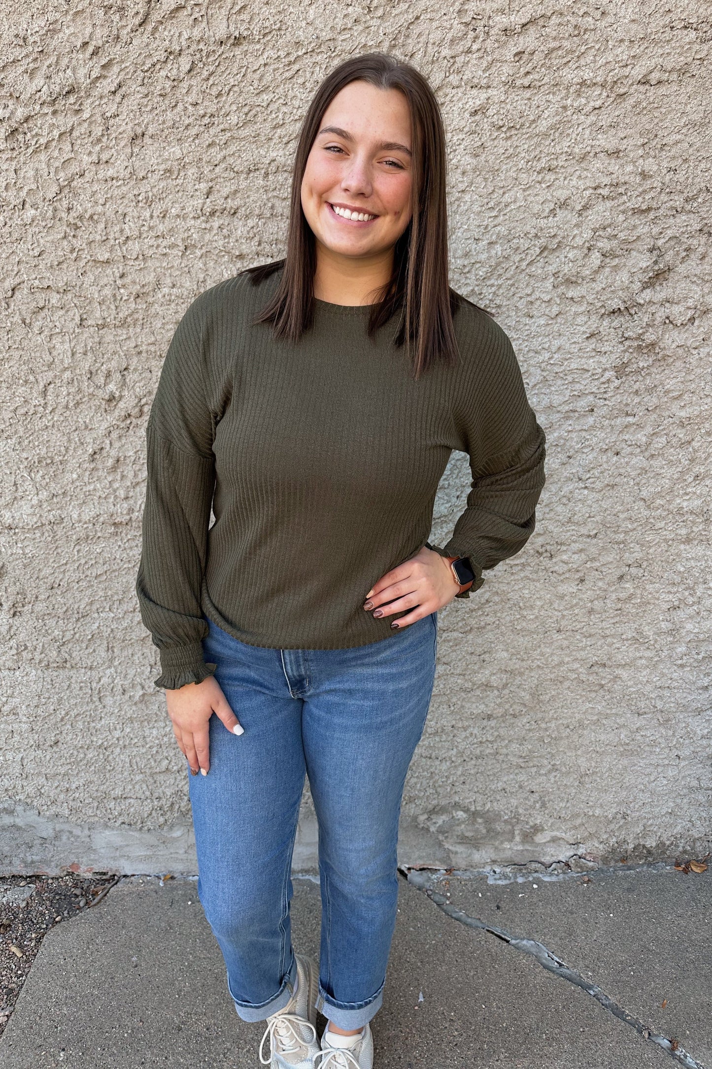 Chic Ruffle Ribbed Knit Top - Olive Green