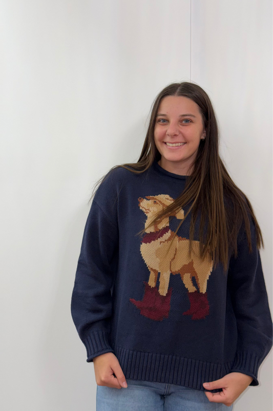 Dog with cowboy hat, boots, and bandana on a navy sweater