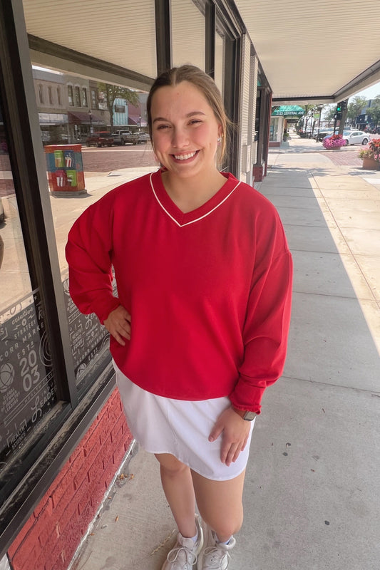 Scarlet and Cream Modal Poly V-Neck