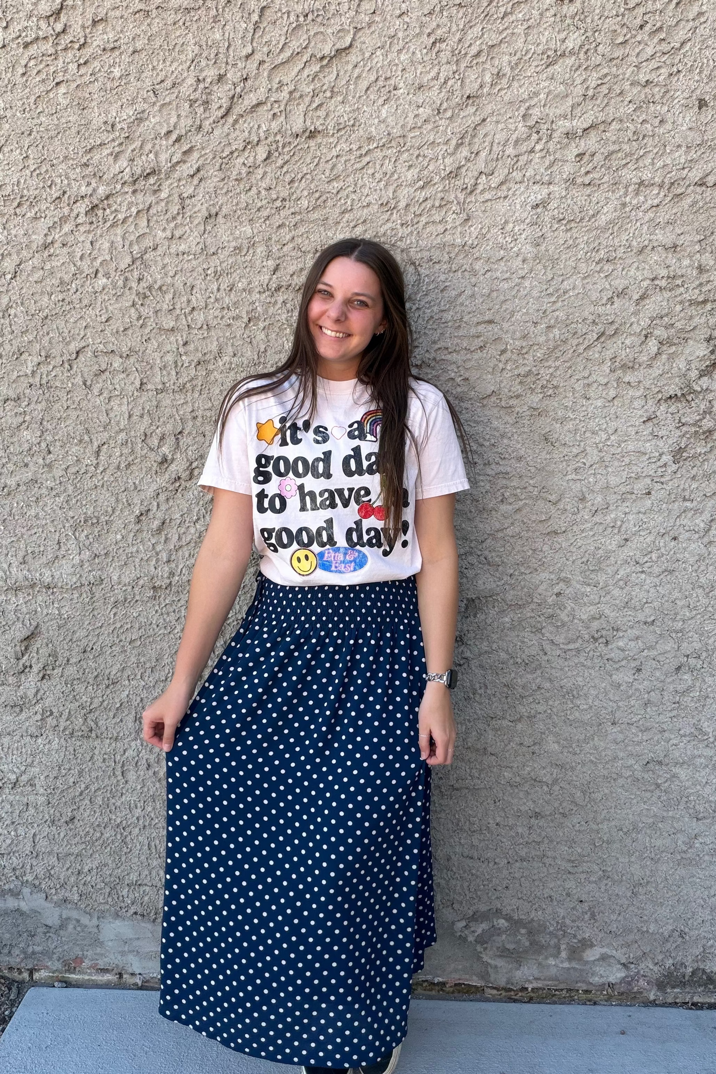 Navy Polka Dot Midi Skirt