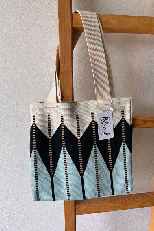 Chevron Woven Tote Bag - Neutral Blue