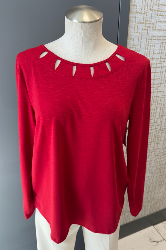 Red long-sleeve top with unique neckline on a mannequin against a neutral background