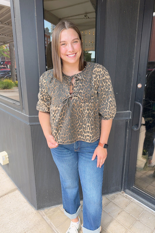 Bow Detail Leopard Denim Top