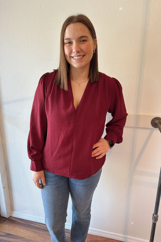 Burgundy V-Neck Blouse