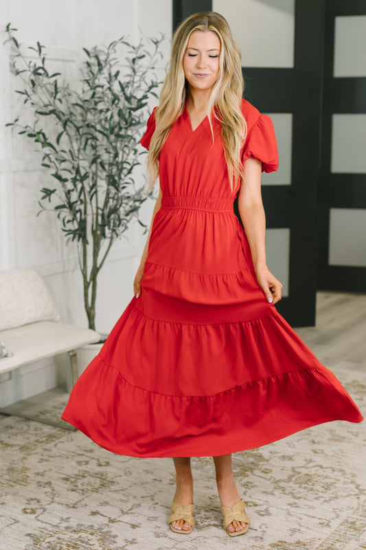 Keep You Coming Balloon Sleeve Tiered Dress in Red (Online Exclusive)