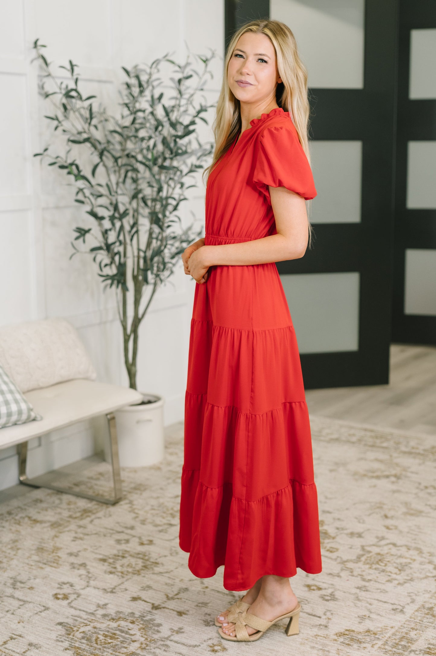 Keep You Coming Balloon Sleeve Tiered Dress in Red (Online Exclusive)