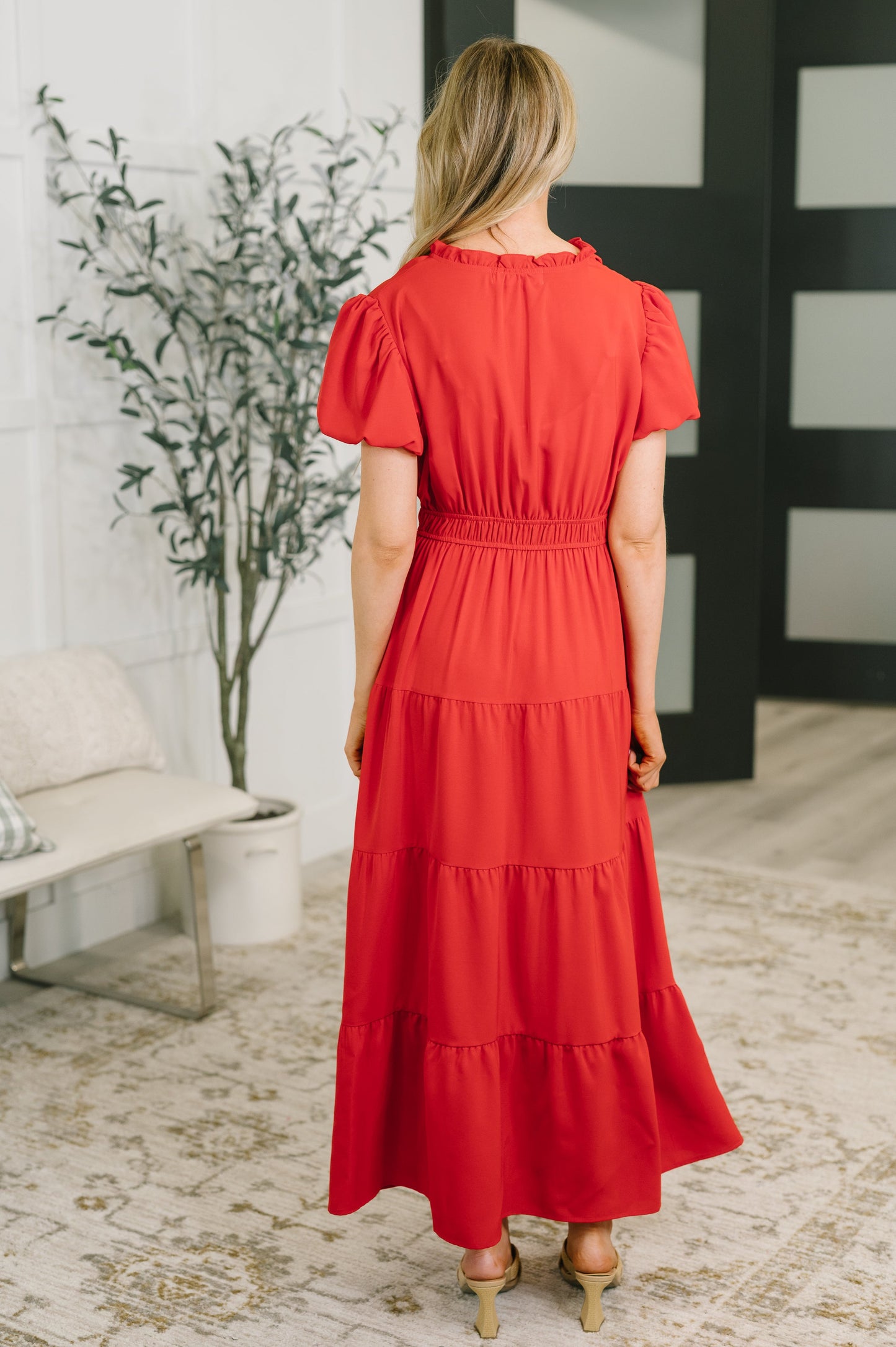 Keep You Coming Balloon Sleeve Tiered Dress in Red (Online Exclusive)