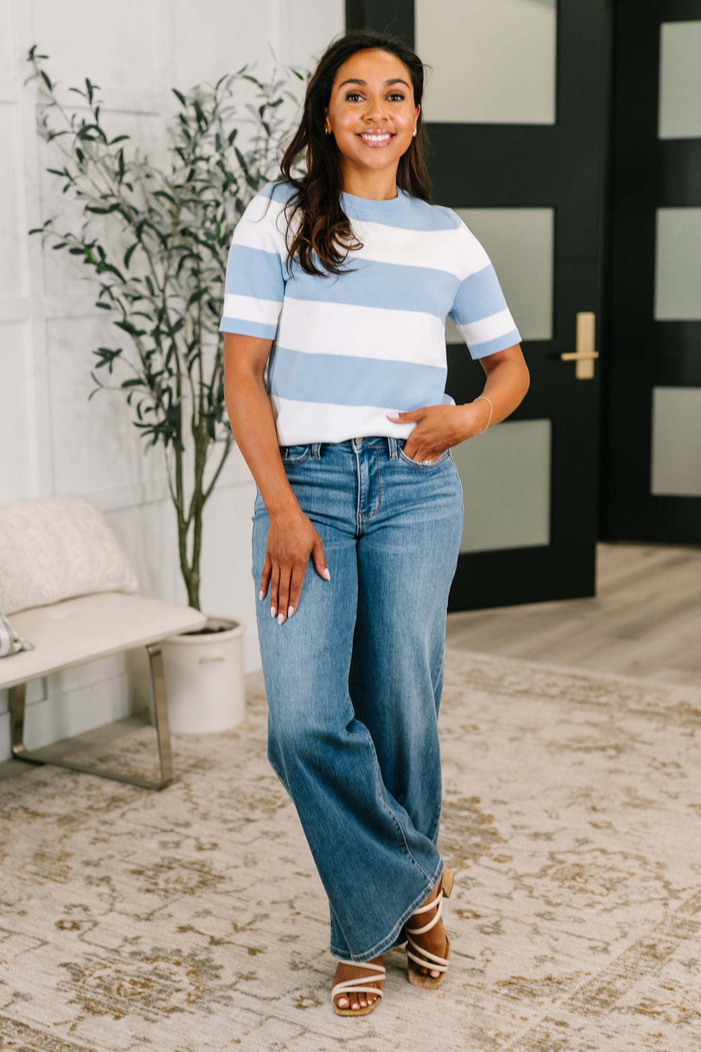 Known for a While Knit Blouse in White and Blue (Online Exclusive)