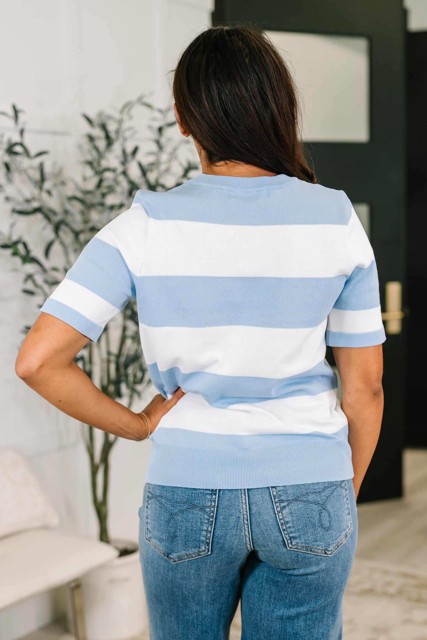 Known for a While Knit Blouse in White and Blue (Online Exclusive)