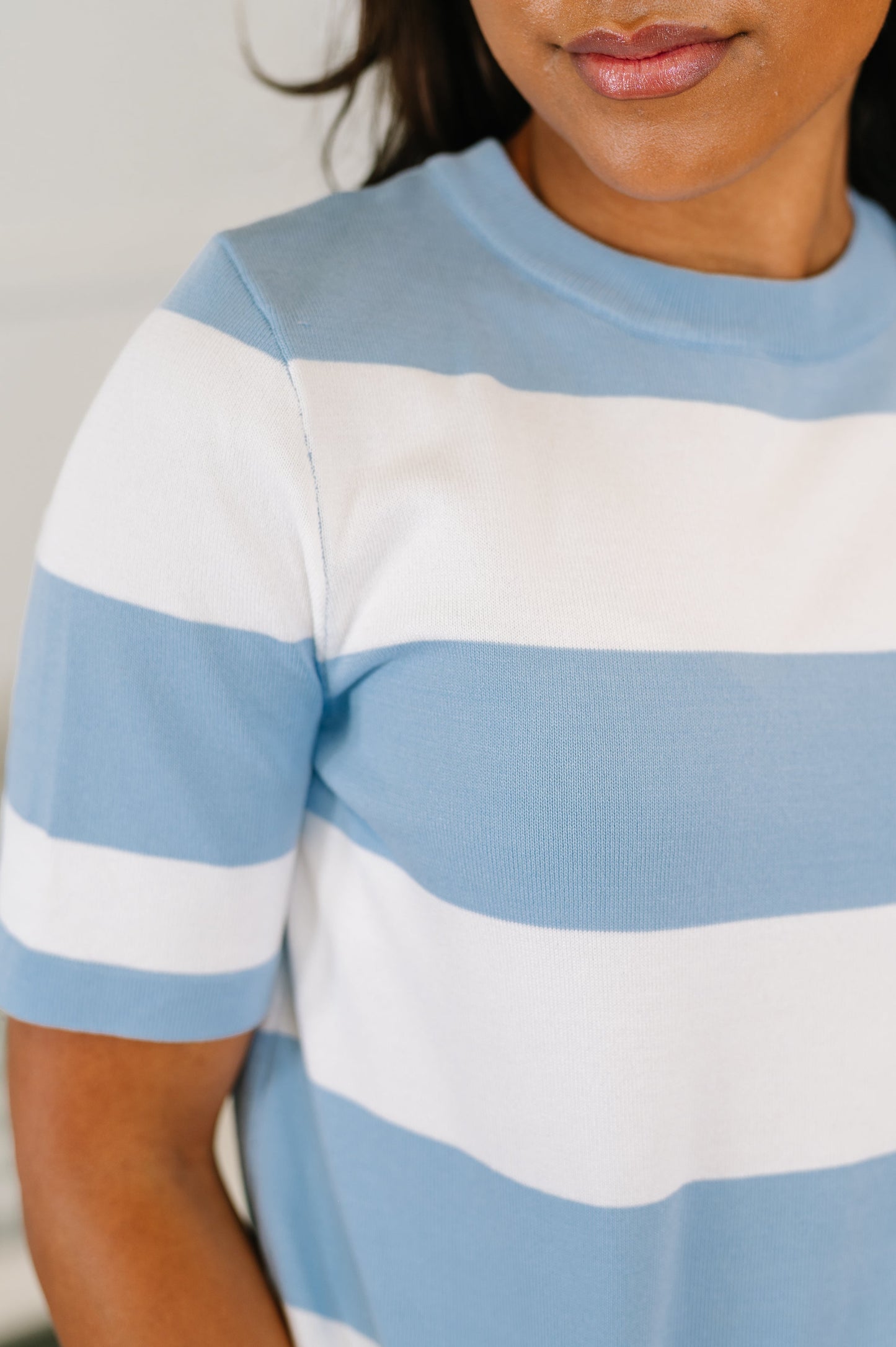 Known for a While Knit Blouse in White and Blue (Online Exclusive)