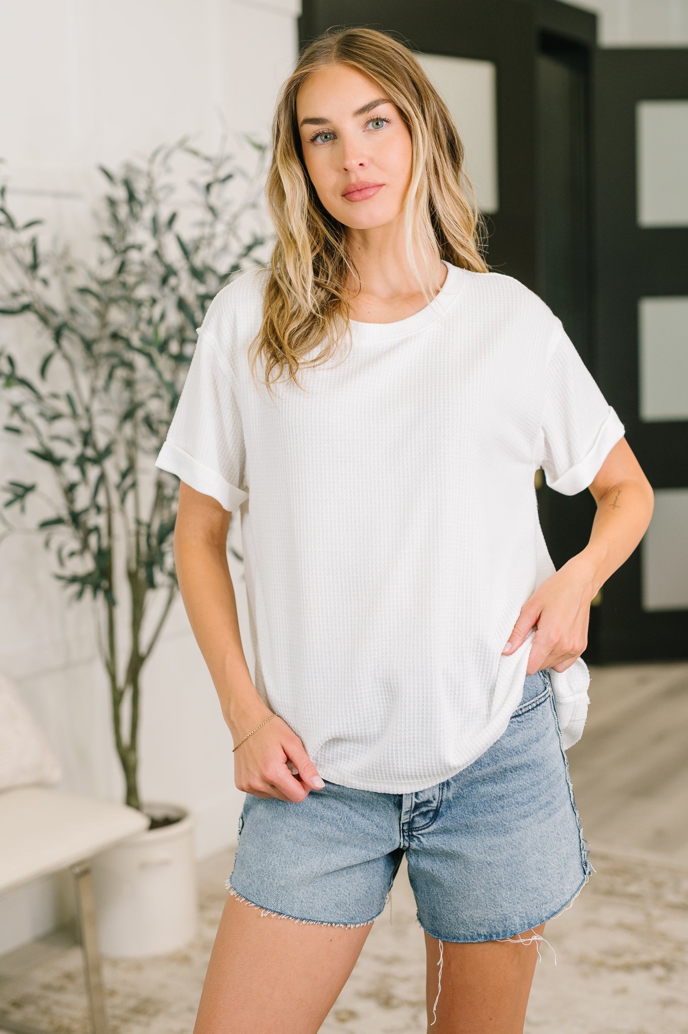 Leave It to Me Waffle Knit Relaxed Tee in Ivory (Online Exclusive)