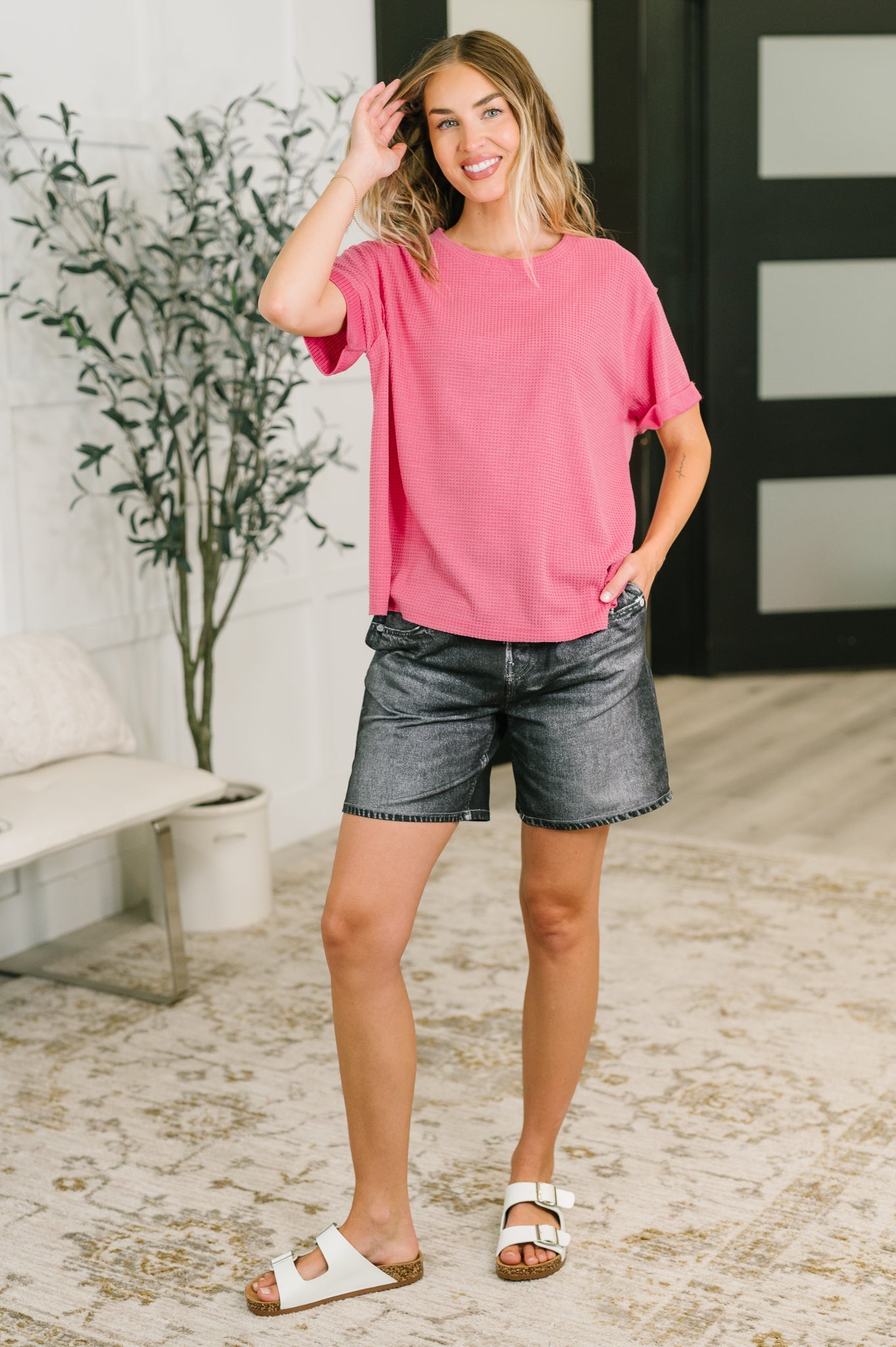 Leave It to Me Waffle Knit Relaxed Tee in  Pink (Online Exclusive)