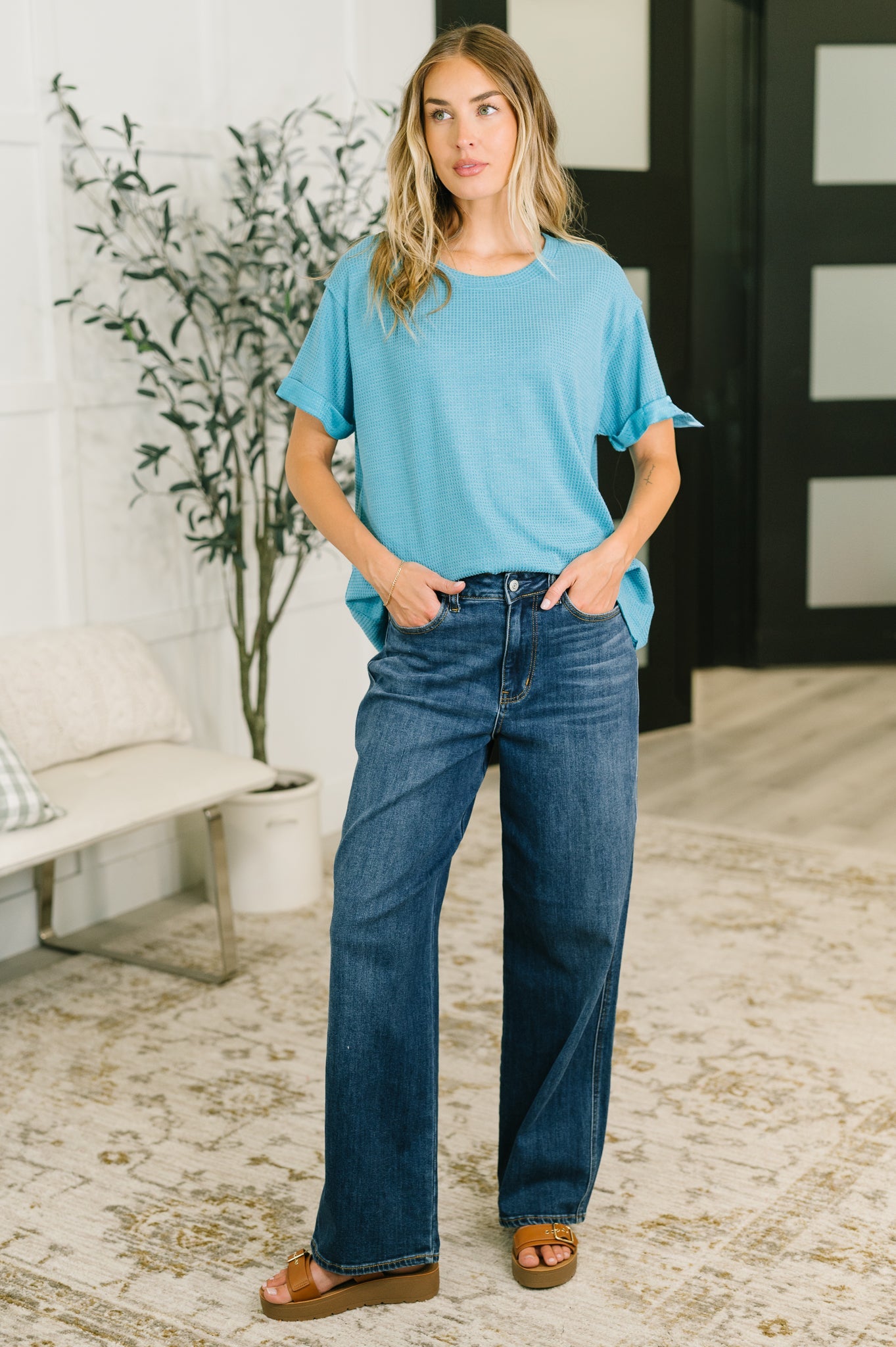 Leave It to Me Waffle Knit Relaxed Tee in Teal (Online Exclusive)