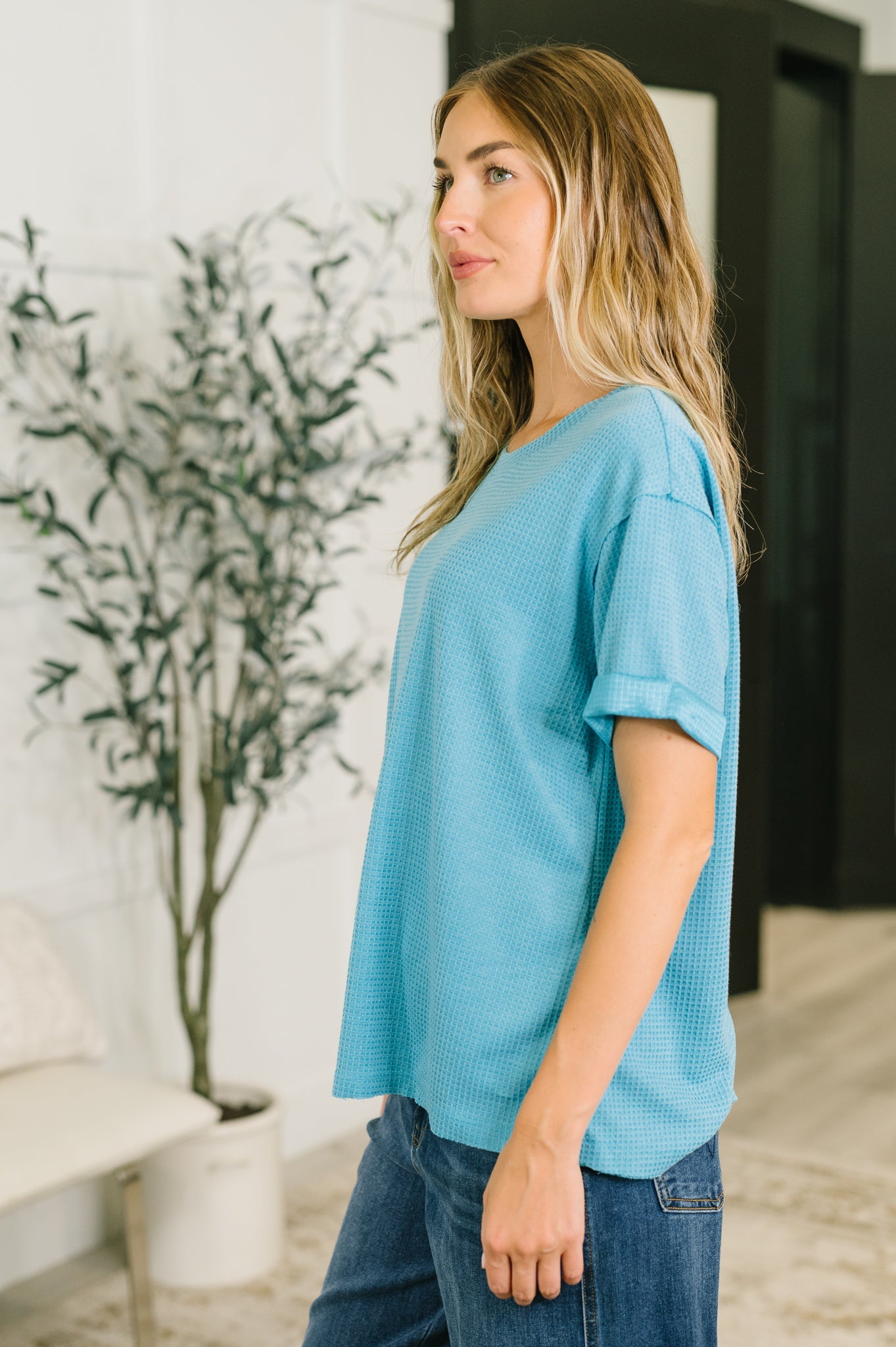 Leave It to Me Waffle Knit Relaxed Tee in Teal (Online Exclusive)