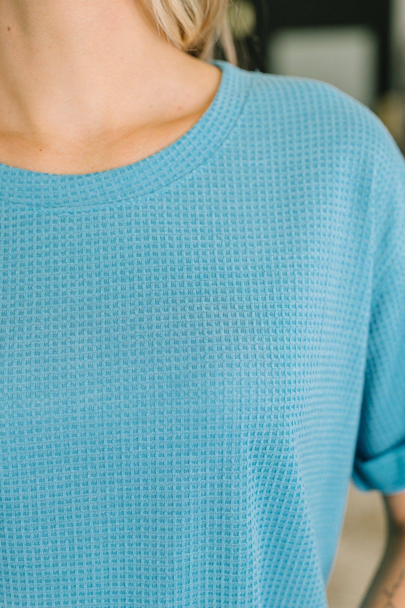 Leave It to Me Waffle Knit Relaxed Tee in Teal (Online Exclusive)
