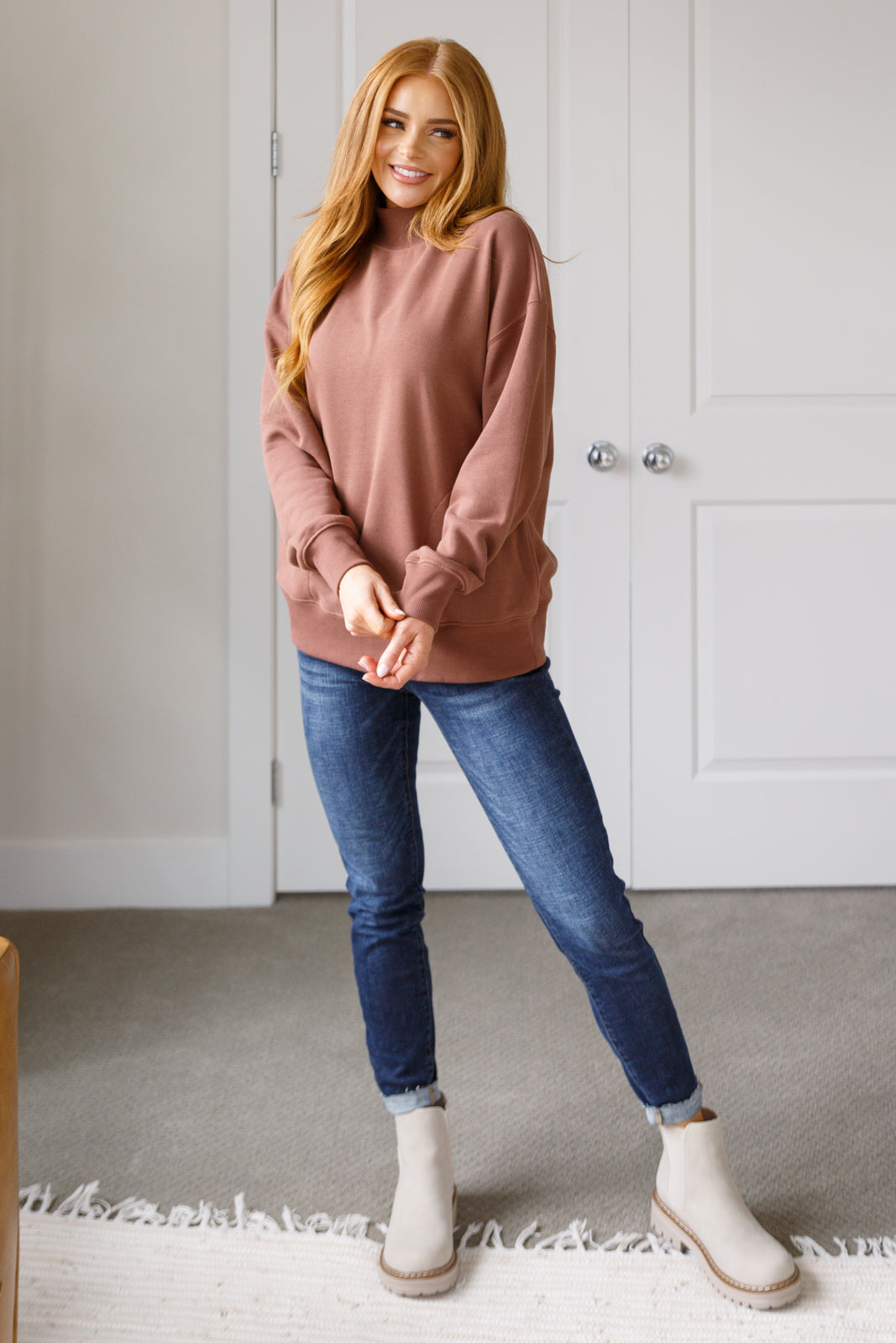 Make No Mistake Mock Neck Pullover in Cocoa (Online Exclusive)