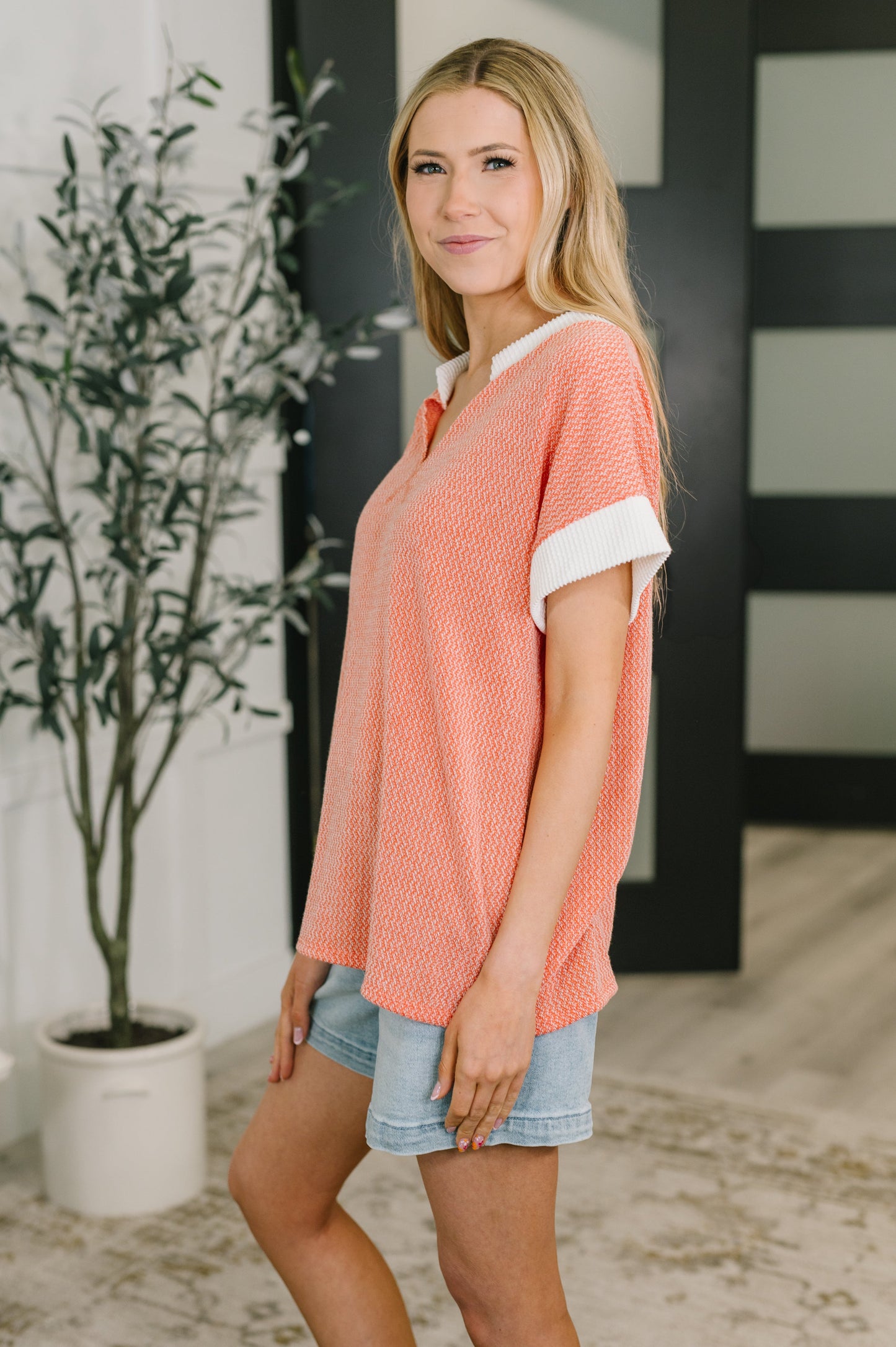 One Piece at a Time V-Neck Short Sleeve Top in Coral (Online Exclusive)