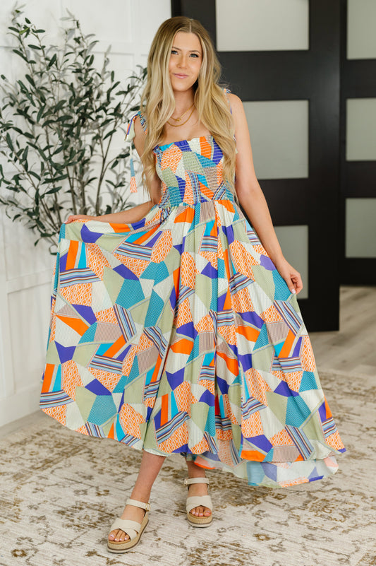 Paint Me Pretty Square Neck Dress in Lime, Blue and Tangerine (Online Exclusive)