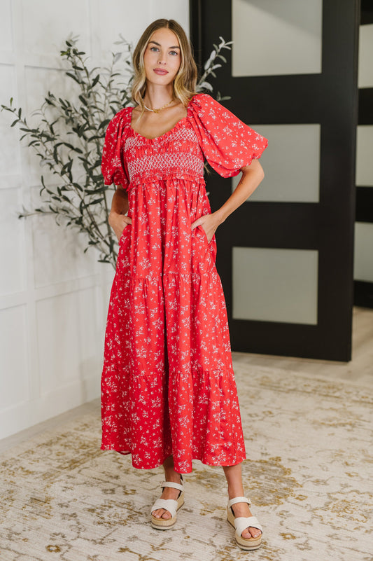 Petals & Promises V-Neck Dress in Red Multi (Online Exclusive)