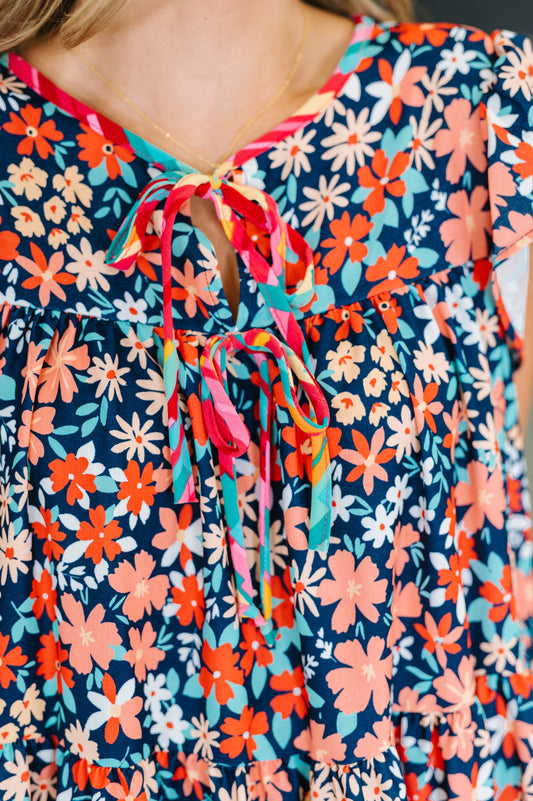 Petal to the Metal Flutter Sleeve Dress in Navy/Coral (Online Exclusive)