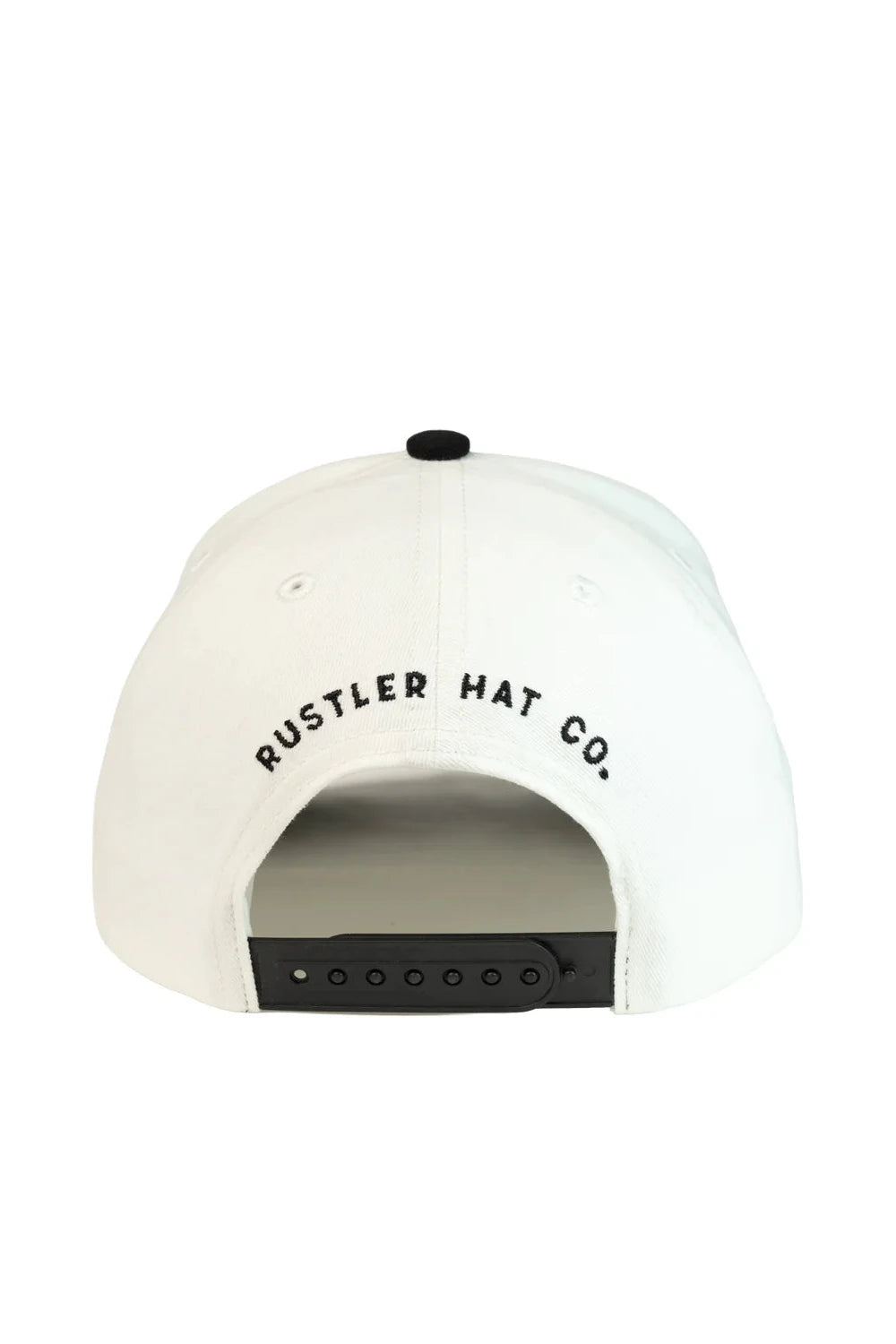 White cap with 'Rustler Hat Co.' branding on a white background