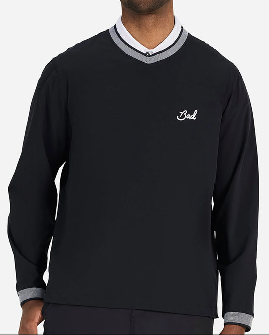 Black sweater with white collar and 'Bad' logo on a white background