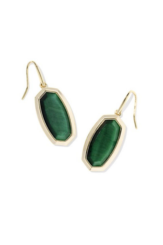 Gold earrings with green stones on a white background