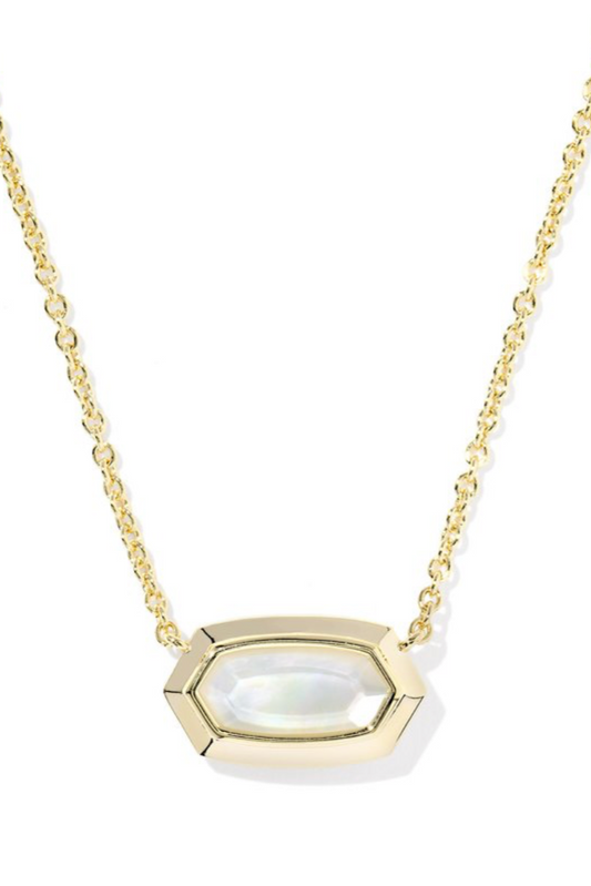 Gold necklace with a white pendant on a white background