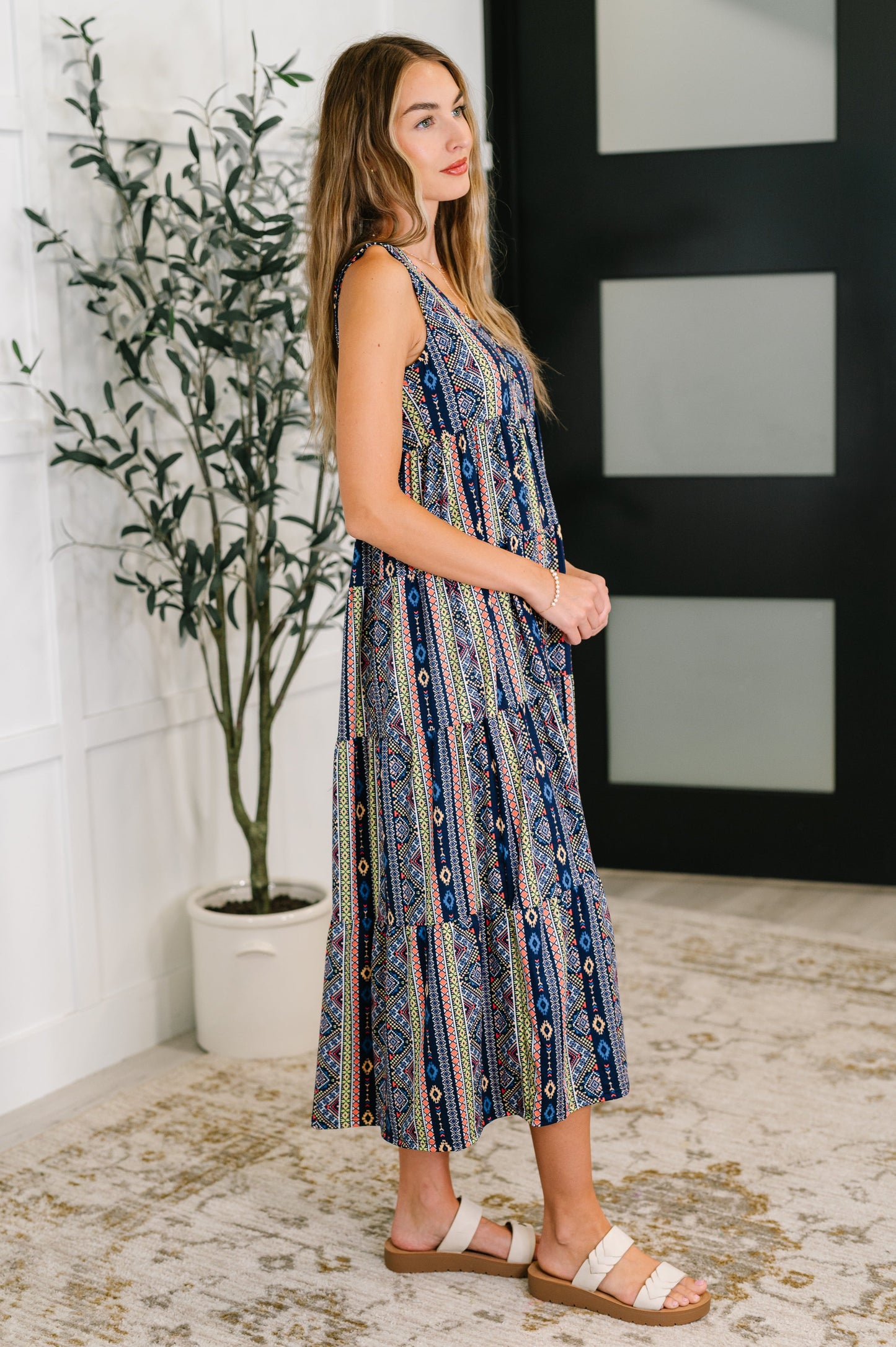 Sierra Spirit Gathered Tiered Dress in Navy (Online Exclusive)