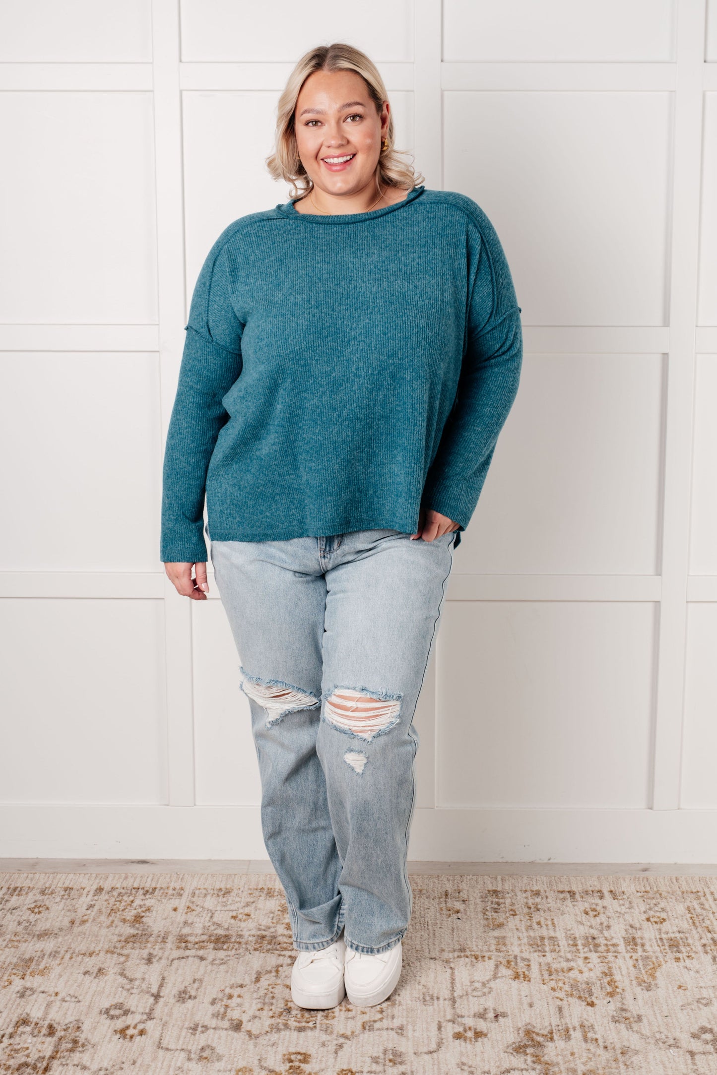 Simply Basic Ribbed Hacci Sweater in Teal (Online Exclusive)