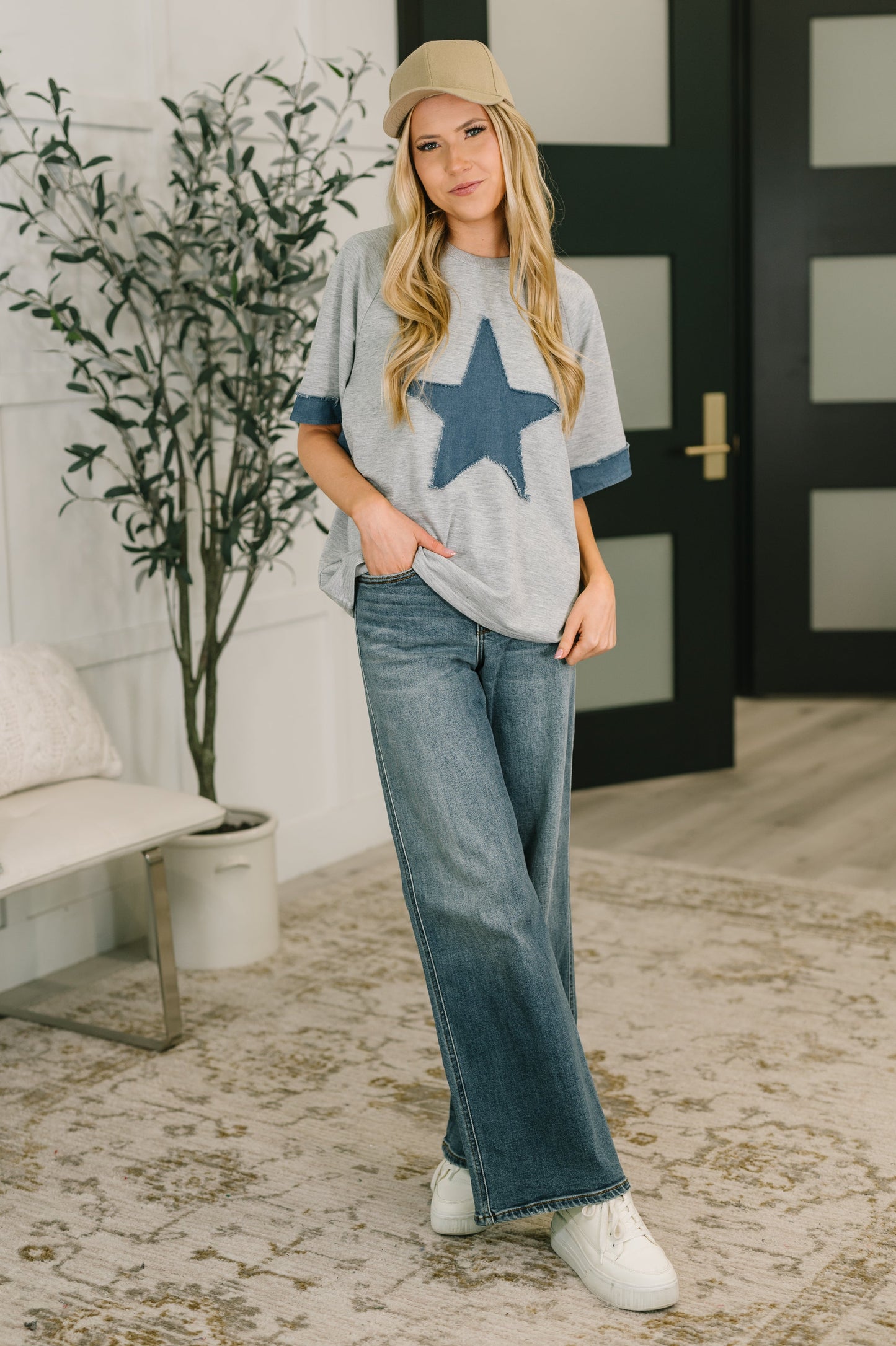 Star Stud Distressed Applique Top (Online Exclusive)