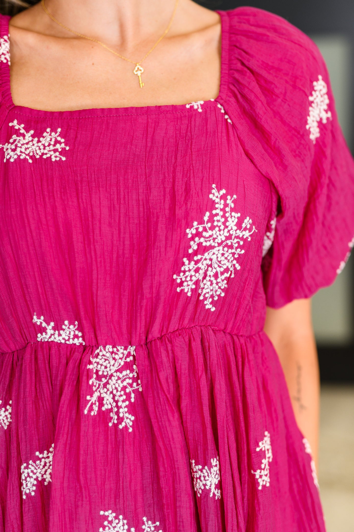 Twirl in Bloom Square Neck Dress in Hot Pink (Online Exclusive)