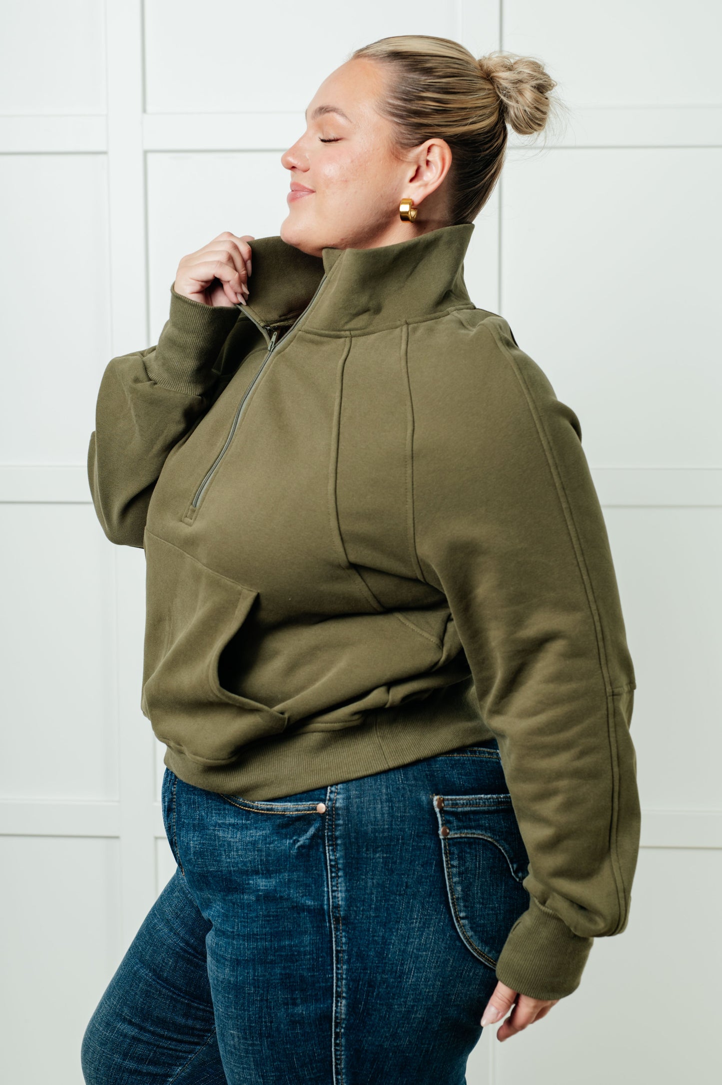 Under Her Spell Half Zip Pullover in Green - Online Exclusive