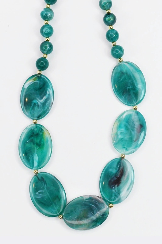 Necklace with large aqua beads on a white background