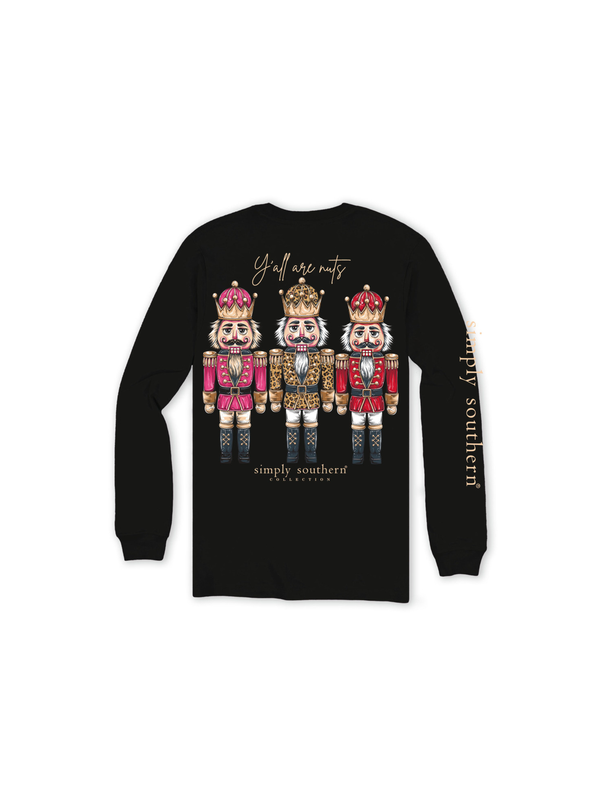 Black long-sleeve shirt with Nutcracker design and 'Simply Southern' text on a white background