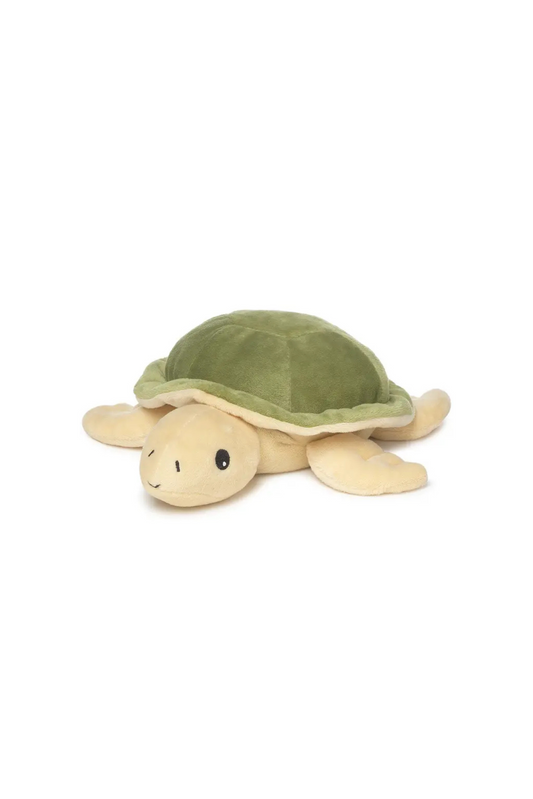 Plush turtle toy with green shell on a white background