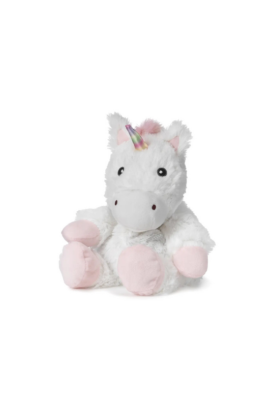 Plush unicorn toy with a white body, pink hooves, and a rainbow horn on a white background