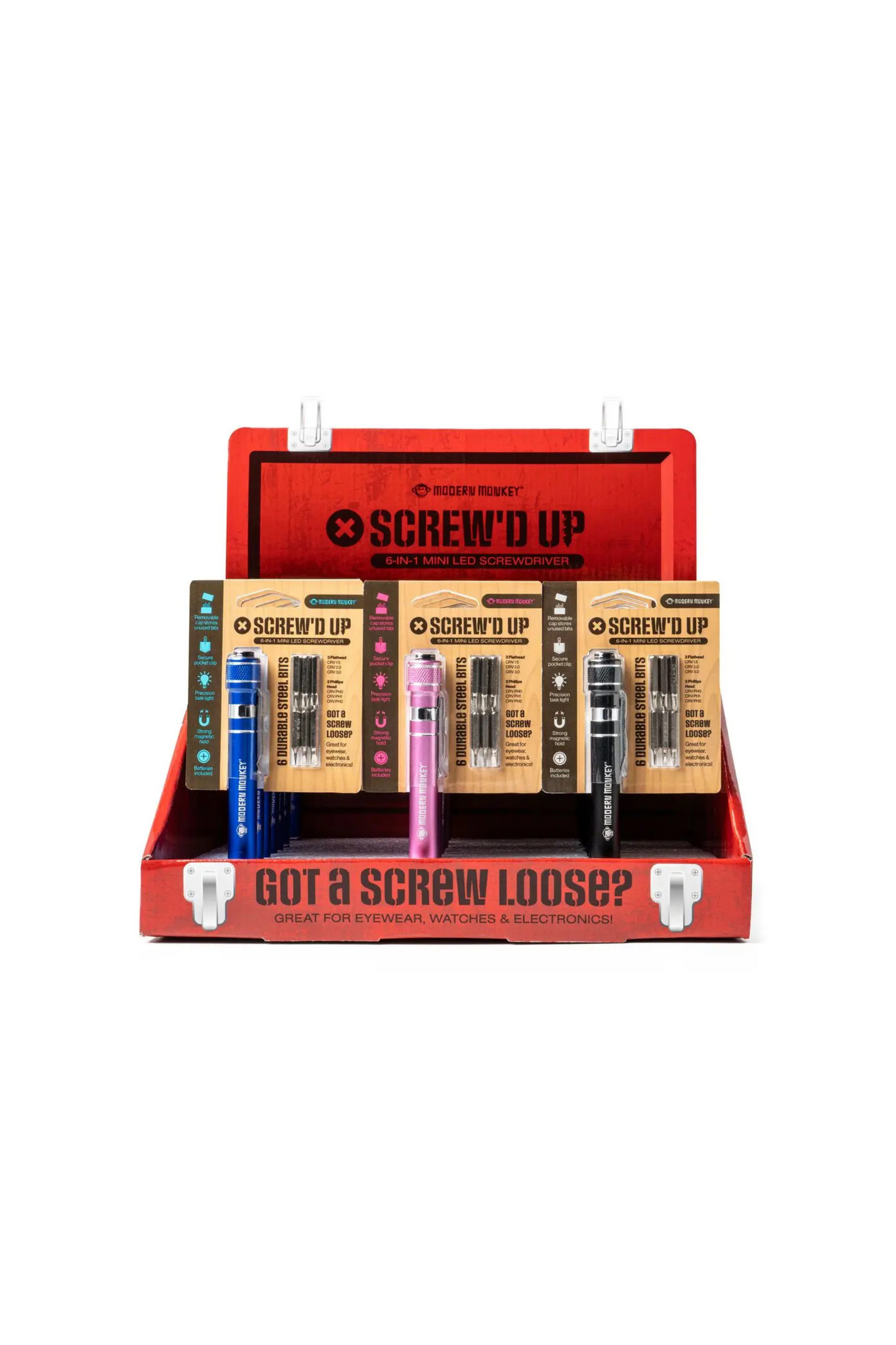 Display of 'Screw'd Up' products with red packaging and visible branding.