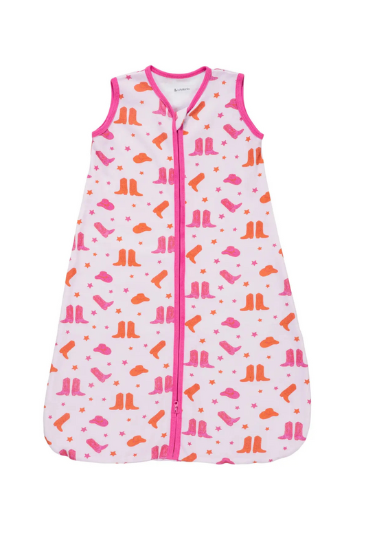 Baby sleeping bag with colorful pattern on a white background