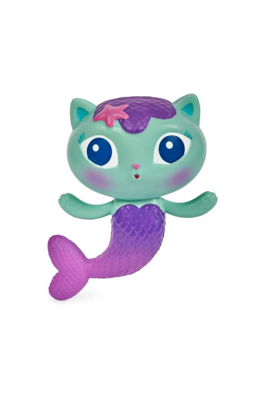Toy figure of a cat with a mermaid tail on a white background