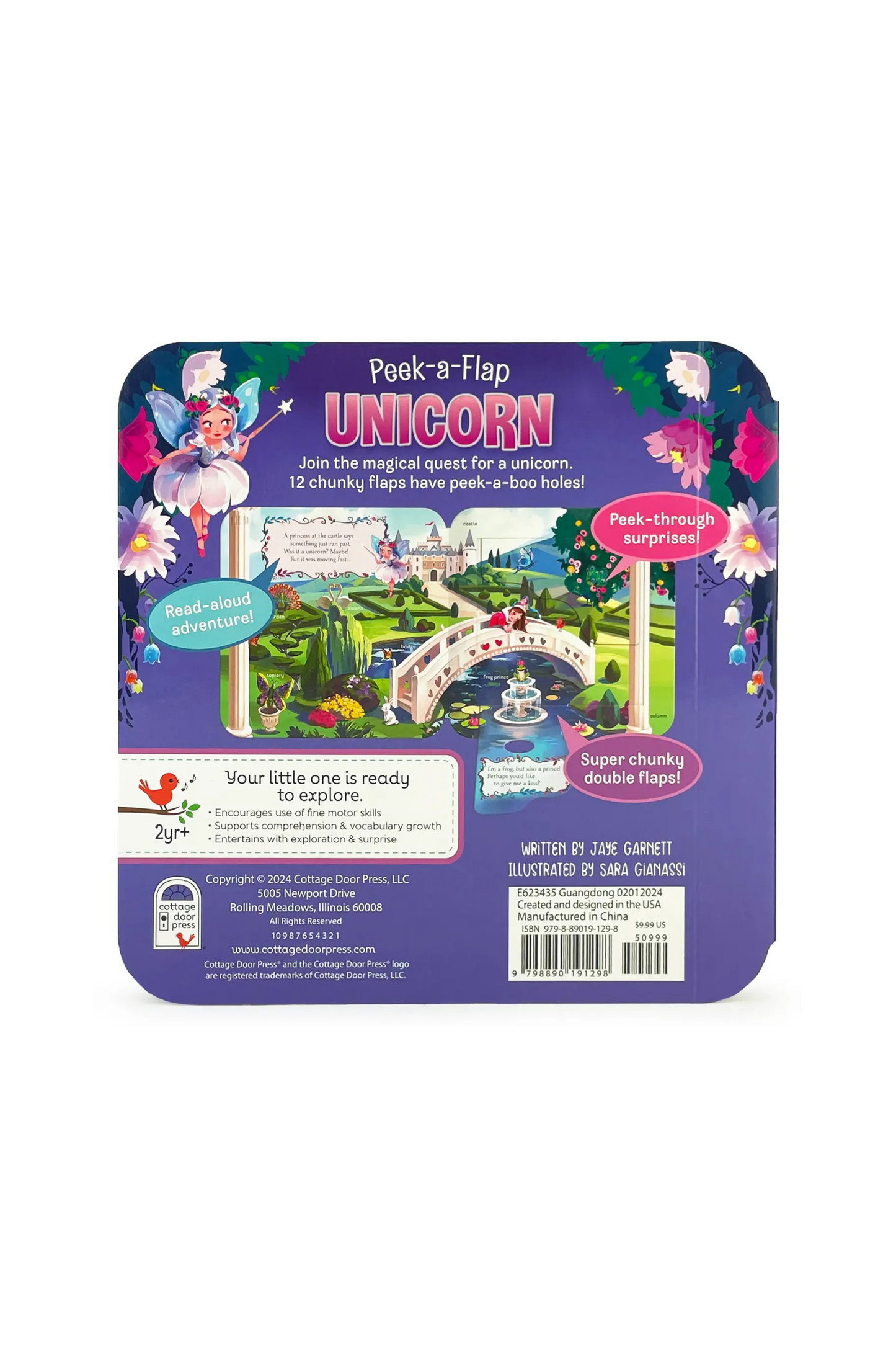 Unicorn-themed peek-a-boo book packaging with colorful illustrations on a white background