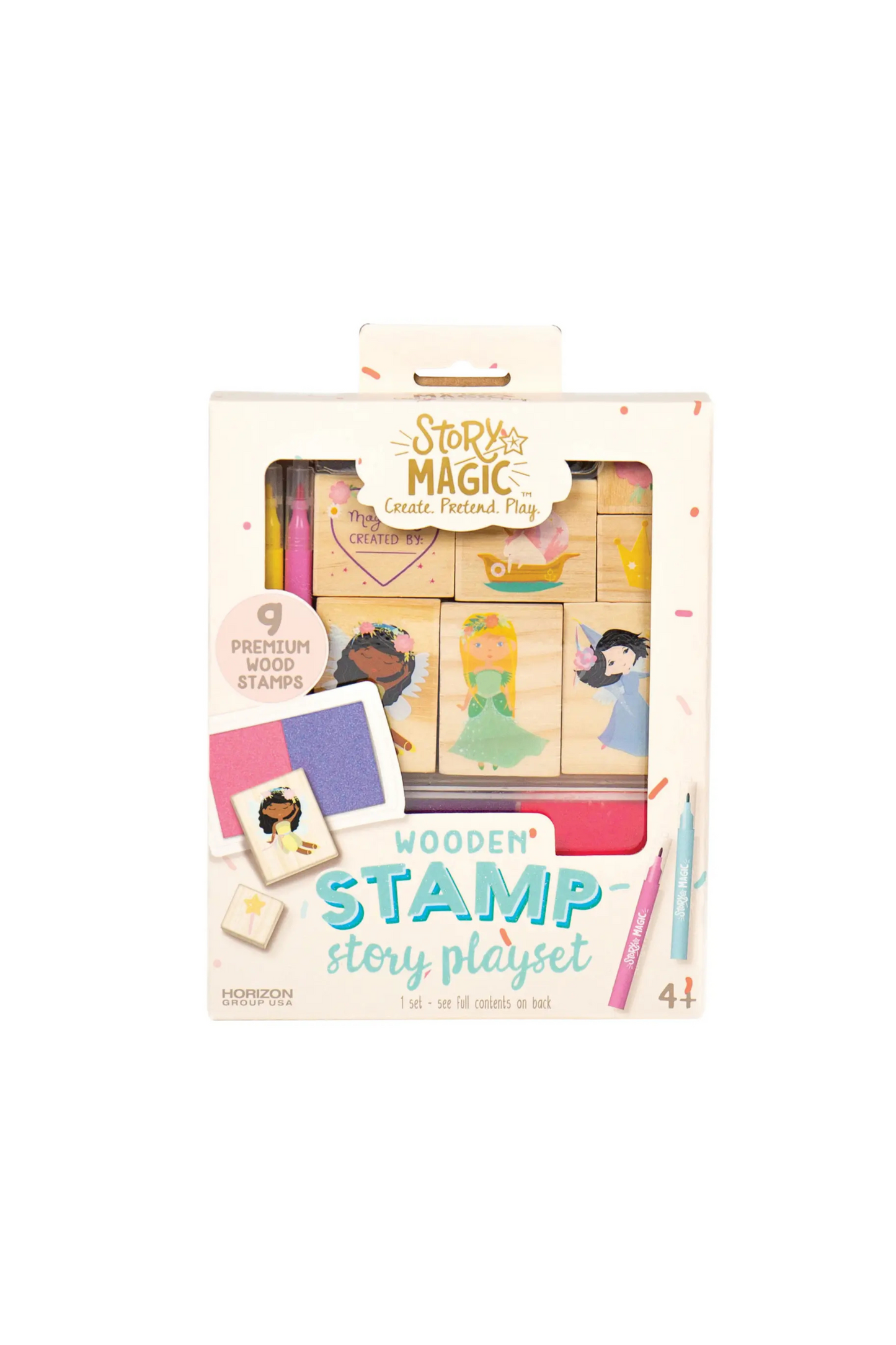 Wooden stamp story playset packaging with illustrations of characters on a white background