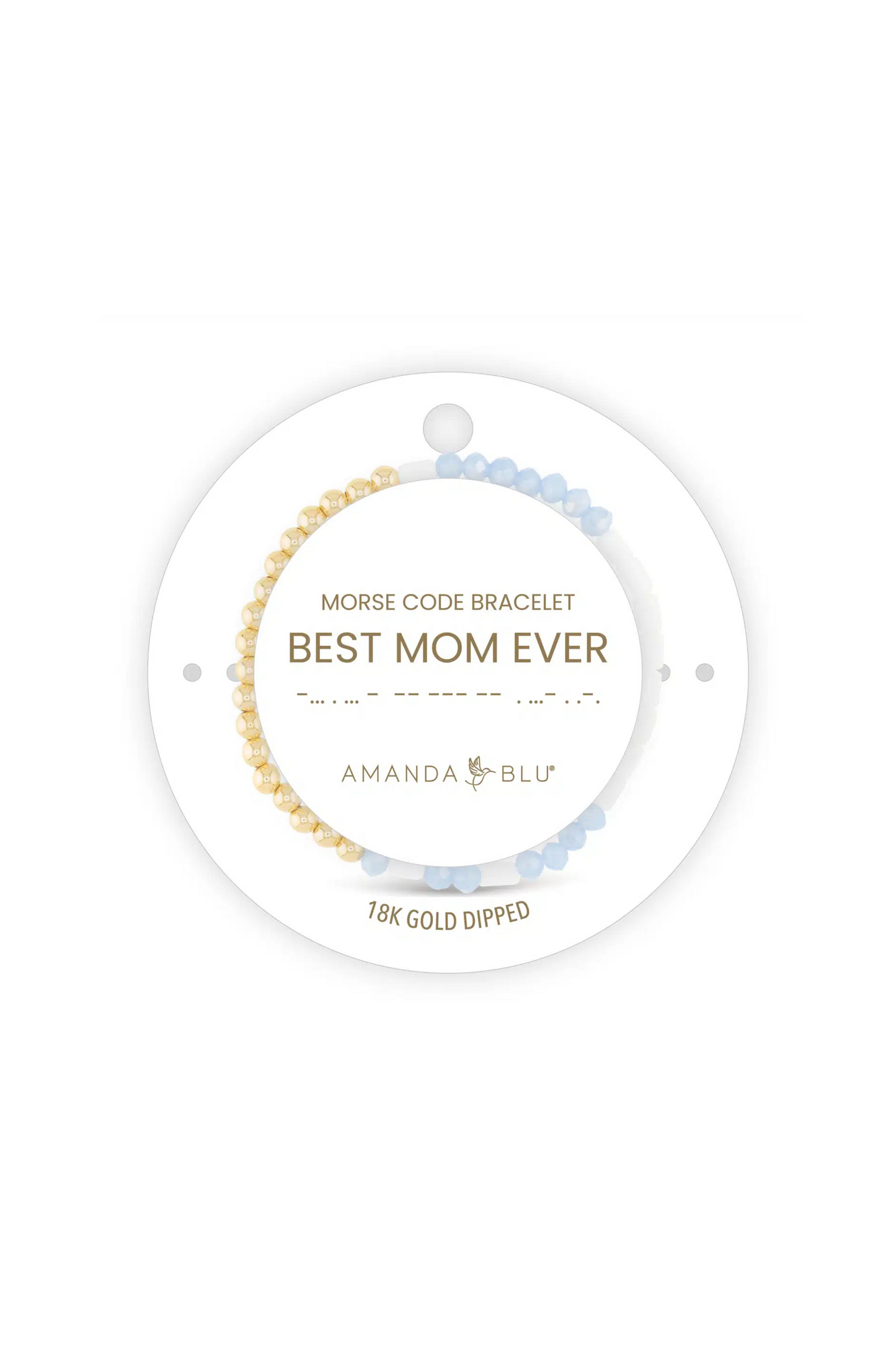 Morse code bracelet labeled 'Best Mom Ever' by Amanda on a white background