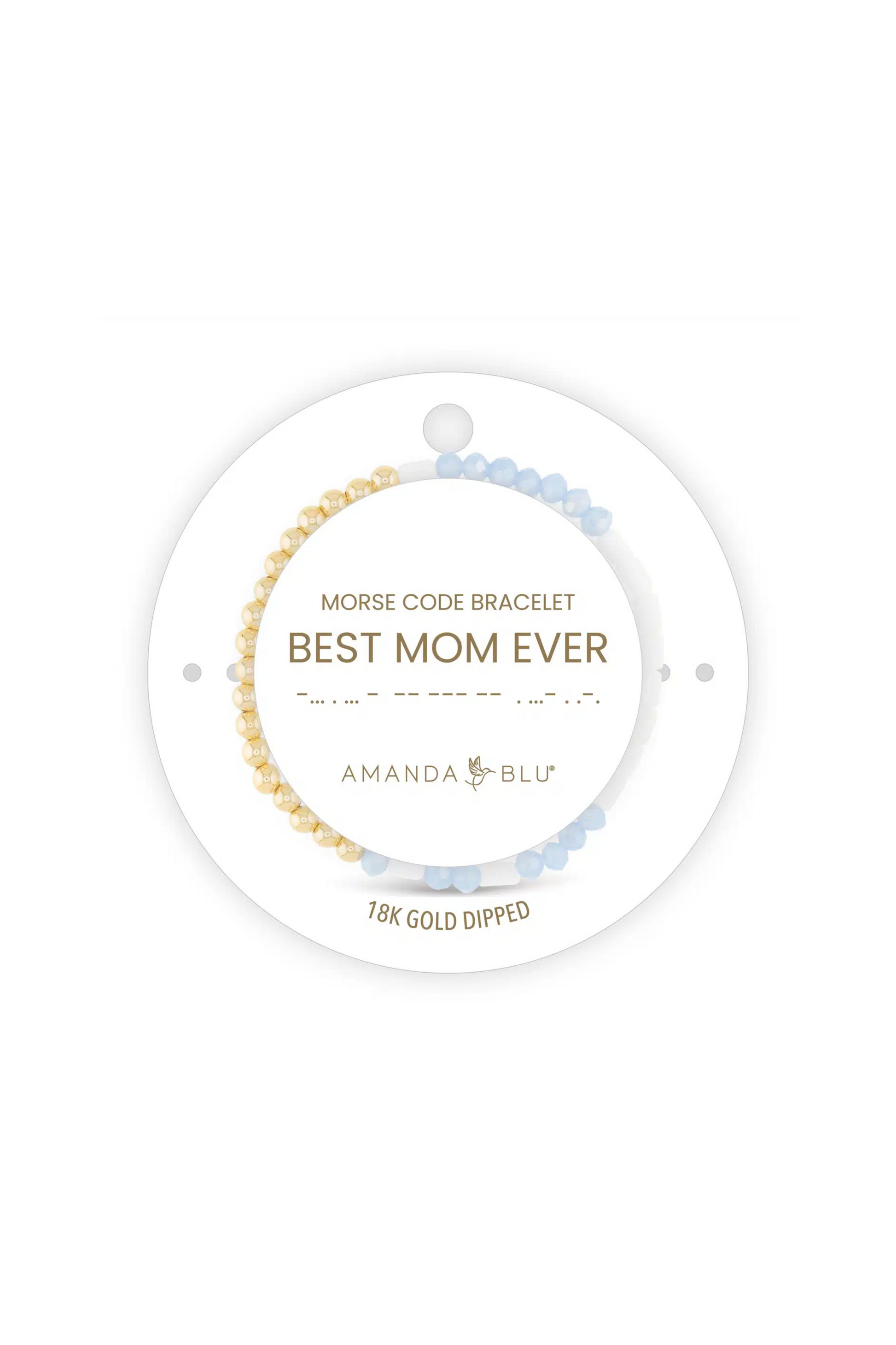 Morse code bracelet labeled 'Best Mom Ever' by Amanda on a white background
