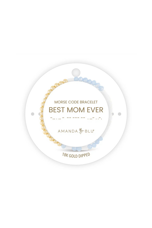 Morse code bracelet labeled 'Best Mom Ever' by Amanda on a white background